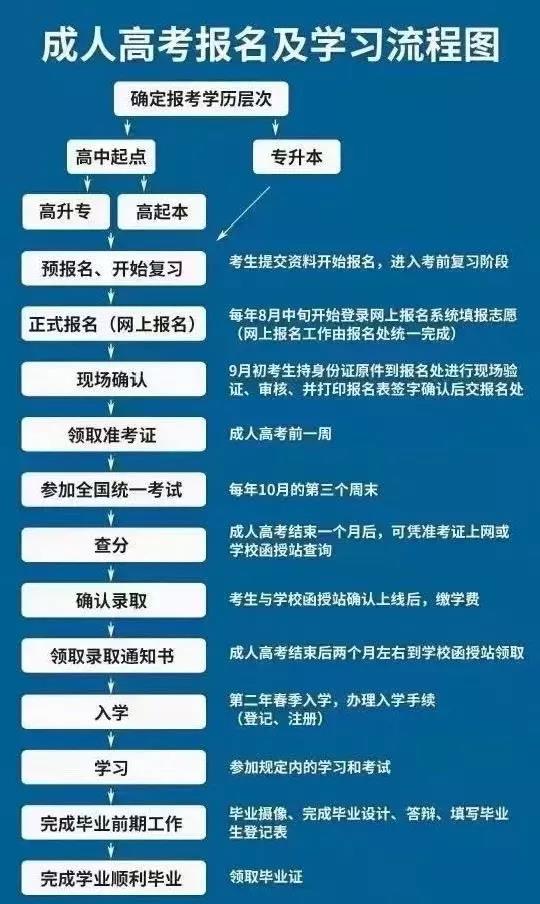 成人高考報名及學習流程圖